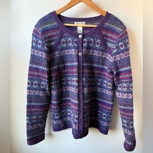 ORVIS Fair Isle Cardigan Sweater Lambswool Wool Grannie Cottagecore Cozy L